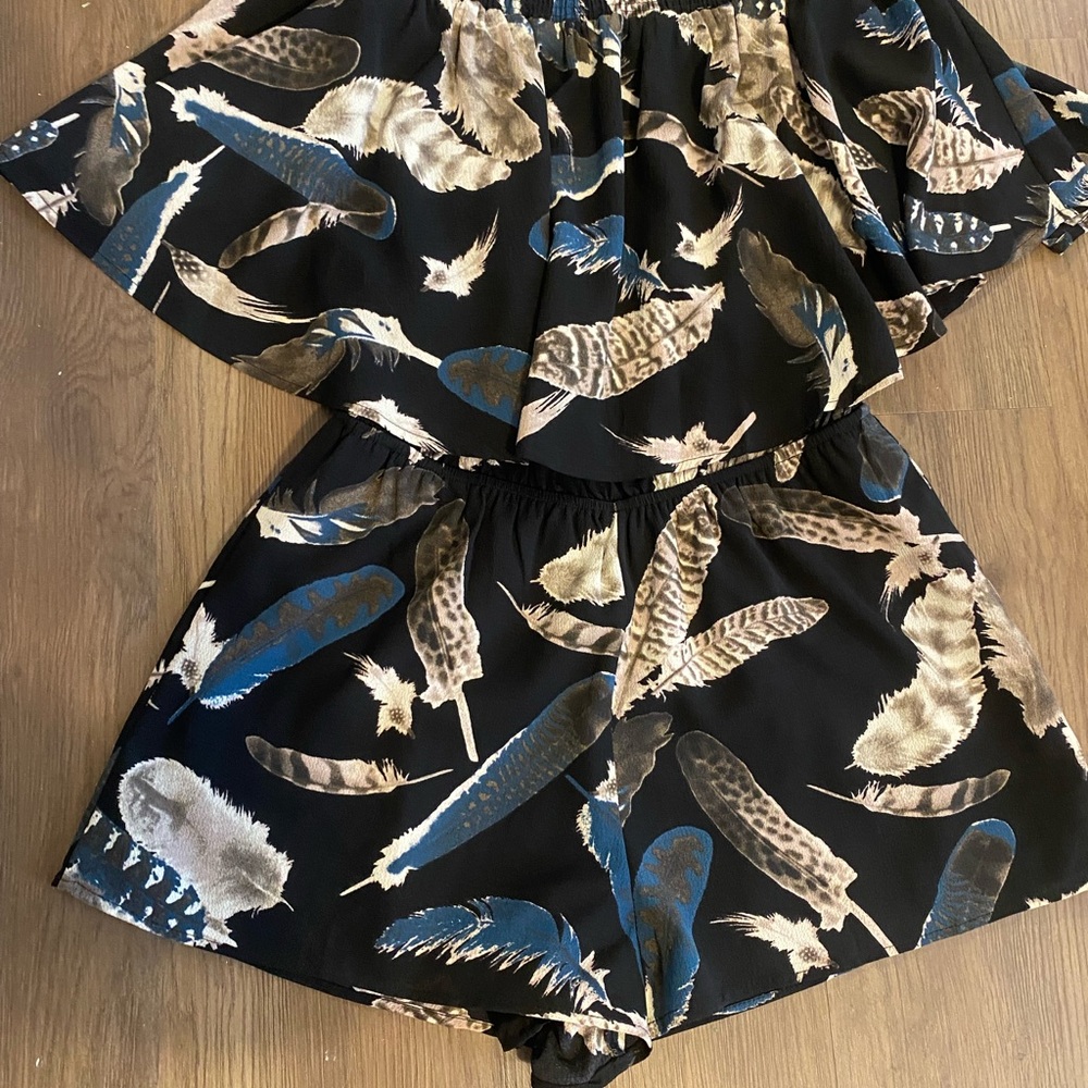 Feather Print Black and Brown Women’s Romper